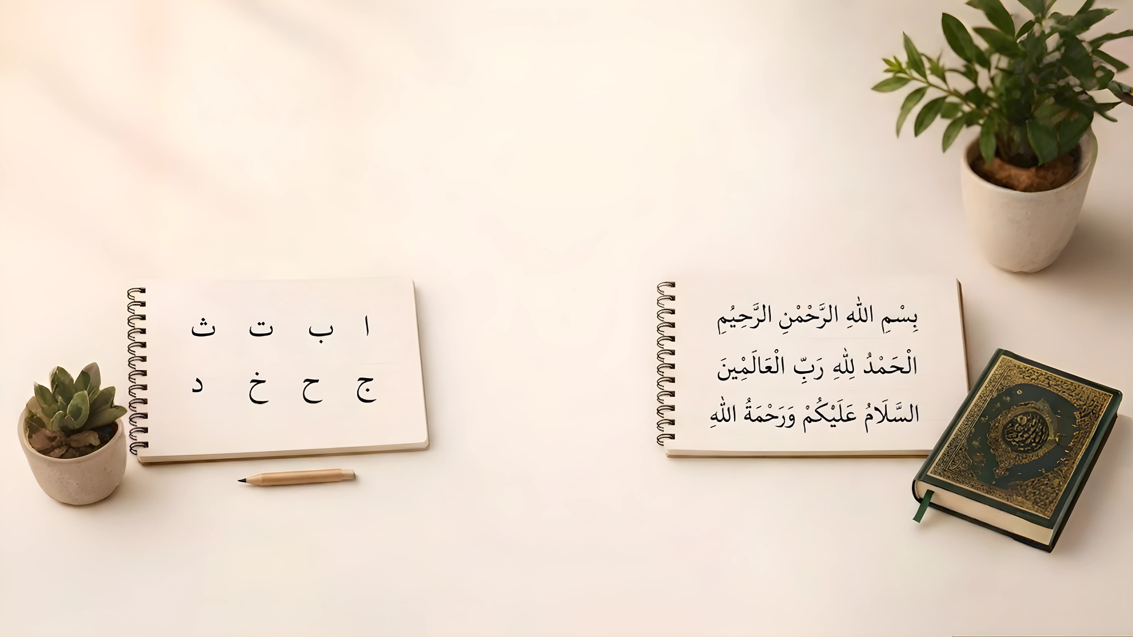 Bureau avec deux carnets : alphabet arabe et premiers textes
